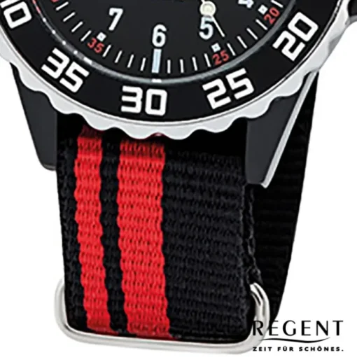 Regent Kinder, Jugend-Armbanduhr 32-F-1124 Textil Stoff-Armband schwarz rot URF1 URF1124