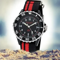 Regent Kinder, Jugend-Armbanduhr 32-F-1124 Textil Stoff-Armband schwarz rot URF1 URF1124