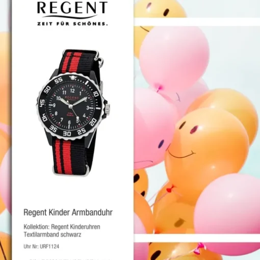 Regent Kinder, Jugend-Armbanduhr 32-F-1124 Textil Stoff-Armband schwarz rot URF1 URF1124