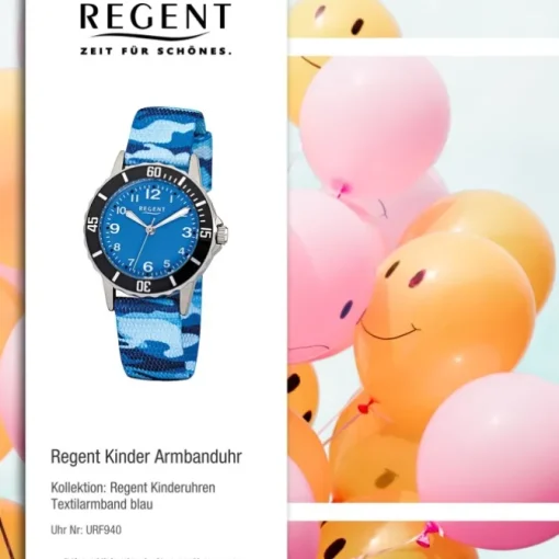 Regent Kinder-Armbanduhr F-940 Quarz-Uhr Textil, Stoff-Armband blau URF940
