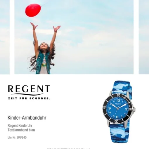 Regent Kinder-Armbanduhr F-940 Quarz-Uhr Textil, Stoff-Armband blau URF940