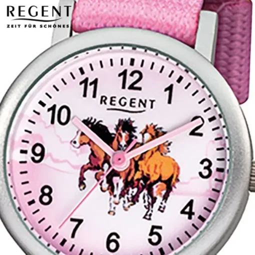 Regent Kinder-Armbanduhr Pferde Quarz Aluminium Textil rosa Mädchen Uhr URF729