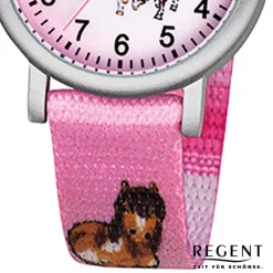 Regent Kinder-Armbanduhr Pferde Quarz Aluminium Textil rosa Mädchen Uhr URF729
