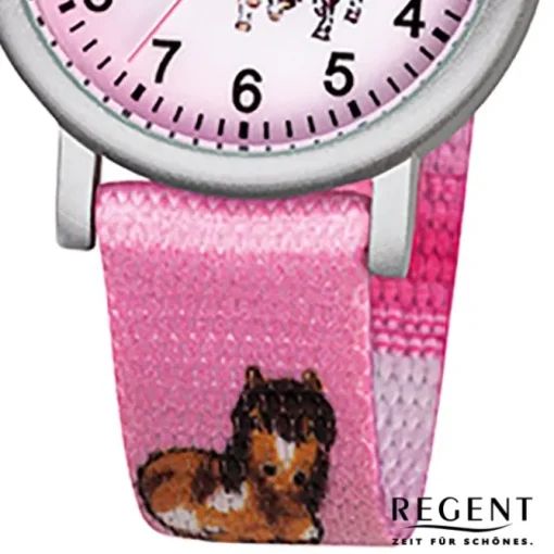Regent Kinder-Armbanduhr Pferde Quarz Aluminium Textil rosa Mädchen Uhr URF729