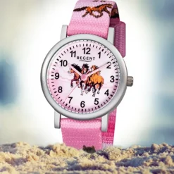 Regent Kinder-Armbanduhr Pferde Quarz Aluminium Textil rosa Mädchen Uhr URF729