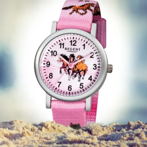 Regent Kinder-Armbanduhr Pferde Quarz Aluminium Textil rosa Mädchen Uhr URF729