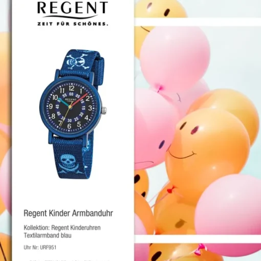 Regent Kinder-Armbanduhr Pirat Mineralglas Quarz Textil blau URF951