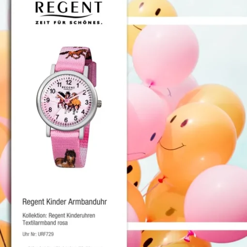 Regent Kinder-Armbanduhr Pferde Quarz Aluminium Textil rosa Mädchen Uhr URF729