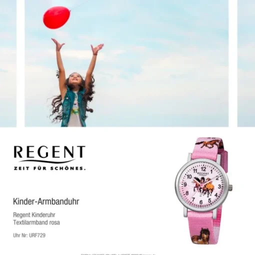 Regent Kinder-Armbanduhr Pferde Quarz Aluminium Textil rosa Mädchen Uhr URF729