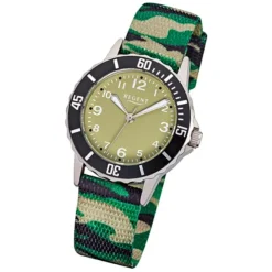 Regent Kinder-Uhr - Kinderuhren - Quarz Textil grün, schwarz, beige URF938