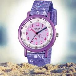 Regent Kinderuhr Feenapplikation Glitzersteine Textil lila Mädchen Uhr URF486