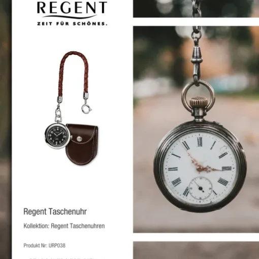 Regent Taschenuhr Herren P-38 Quarz-Uhr mit Lederkette und Ledertäschchen URP038