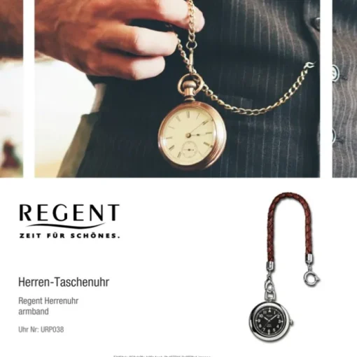 Regent Taschenuhr Herren P-38 Quarz-Uhr mit Lederkette und Ledertäschchen URP038