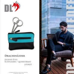 Schlüsseltasche Leder schwarz, türkis Etui Mini- DrachenLeder OPS905T