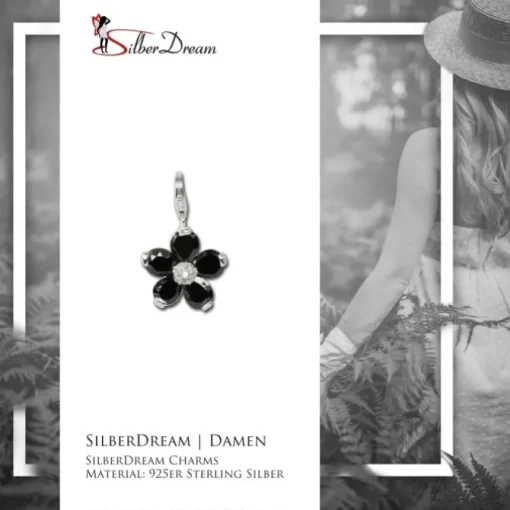 SilberDream 925 Charm Blume schwarz Armband Ketten Anhänger FC4115