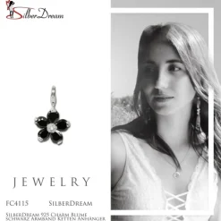 SilberDream 925 Charm Blume schwarz Armband Ketten Anhänger FC4115