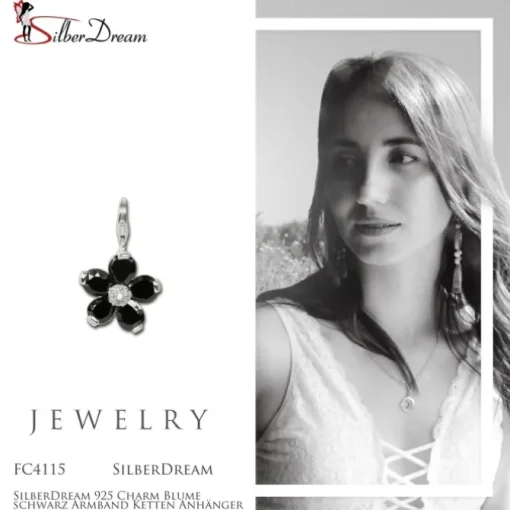 SilberDream 925 Charm Blume schwarz Armband Ketten Anhänger FC4115