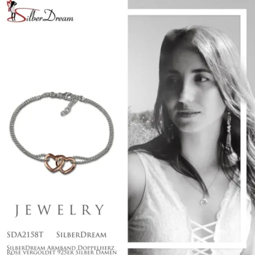 SilberDream Armband Doppelherz Rose vergoldet 925er Silber Damen 18cm SDA2158T