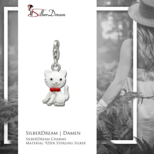 SilberDream Charm Kätzchen weiß 925er Silber Armband Anhänger FC693