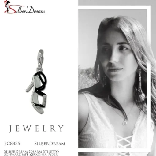 SilberDream Charm Stiletto schwarz mit Zirkonia 925er Armband Anhänger FC883S