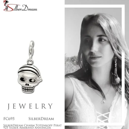 SilberDream Charm Totenkopf Pirat 925 Silber Armband Anhänger FC695