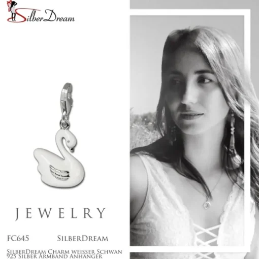 SilberDream Charm weißer Schwan 925 Silber Armband Anhänger FC645