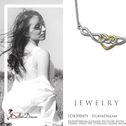 SilberDream Collier Bicolor Kette Tribal Herz 925 Sterling Silber 45cm SDK50045Y
