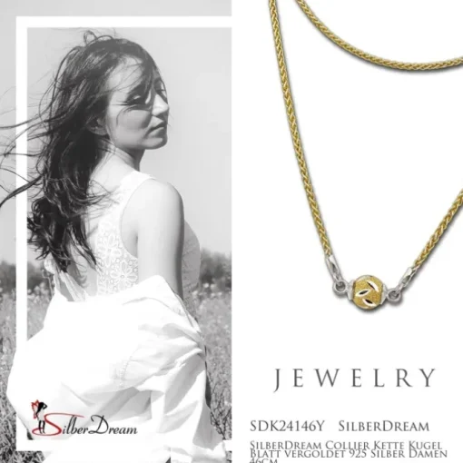 SilberDream Collier Kette Kugel Blatt vergoldet 925 Silber Damen 46cm SDK24146Y
