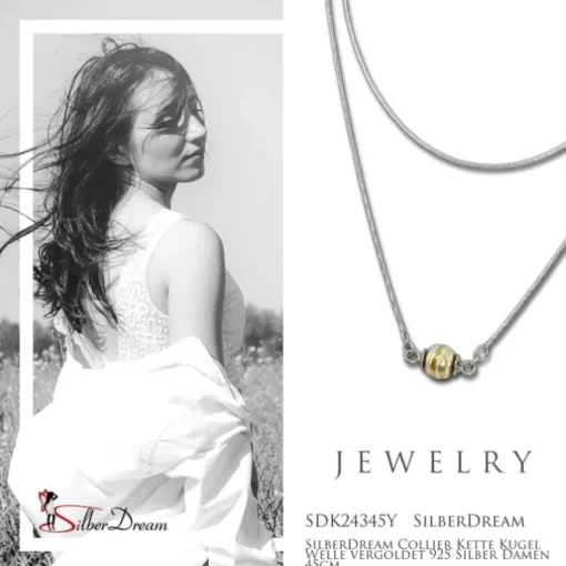 SilberDream Collier Kette Kugel Welle vergoldet 925 Silber Damen 45cm SDK24345Y