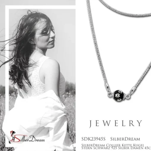 SilberDream Collier Kette Kugel Stern schwarz 925 Silber Damen 45cm SDK23945S