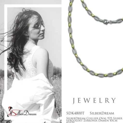 SilberDream Collier Oval 925 Silber vergoldet Zirkonia Damen 45cm Kette SDK4800T