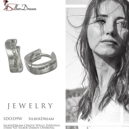 SilberDream Creole Welle Zirkonia 15mm 925 Silber Damen Ohrring SDO339W