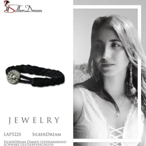 SilberDream Damen Lederarmband schwarz Glitzerverschluss Armband LAP522S
