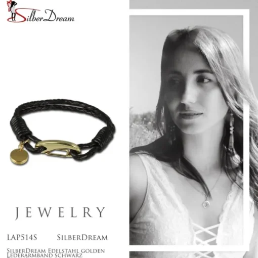 SilberDream Edelstahl golden Lederarmband schwarz Bolo-Armband LAP514S
