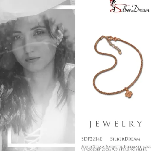 SilberDream Fußkette Kleeblatt rose vergoldet 27cm 925 Sterling Silber SDF2214E