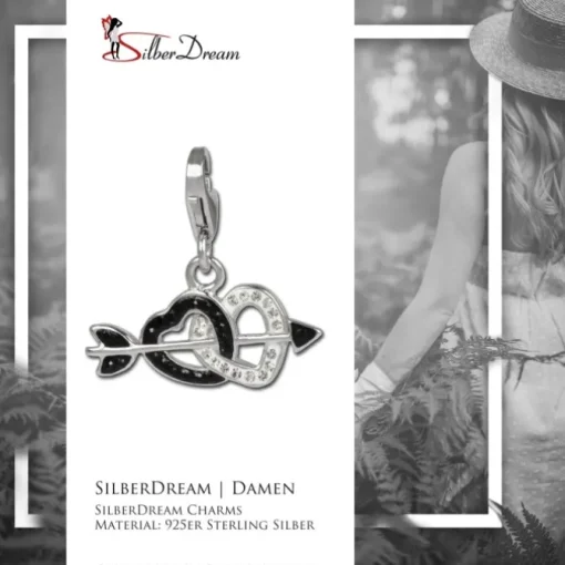 SilberDream Glitzer Charm Doppelherz schwarz Zirkonia Kristall GSC503S