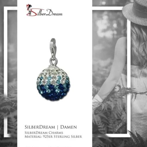 SilberDream Glitzer Charm Kugel blau/weiß Zirkonias GSC219B