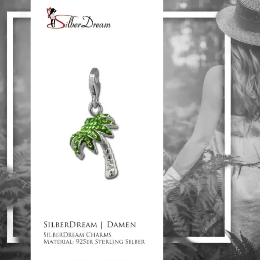 SilberDream Glitzer Charm 3D Palme hellgrün Zirkonia Kristalle GSC548L