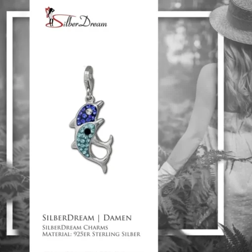 SilberDream Glitzer Charm Delfin-Paar hellblau Zirkonia Kristalle GSC582H
