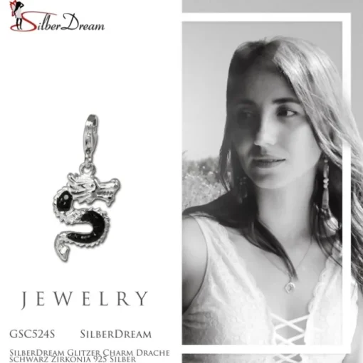 SilberDream Glitzer Charm Drache schwarz Zirkonia 925 Silber GSC524S