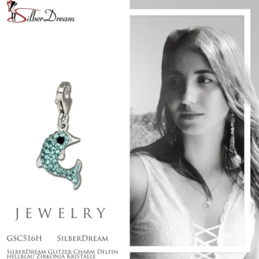 SilberDream Glitzer Charm Delfin hellblau Zirkonia Kristalle GSC516H