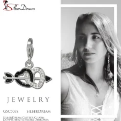 SilberDream Glitzer Charm Doppelherz schwarz Zirkonia Kristall GSC503S