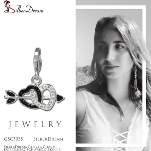 SilberDream Glitzer Charm Doppelherz schwarz Zirkonia Kristall GSC503S