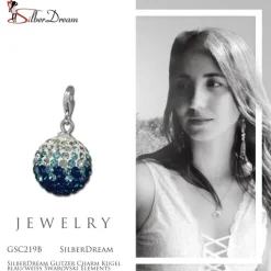 SilberDream Glitzer Charm Kugel blau/weiß Zirkonias GSC219B