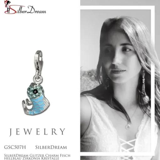 SilberDream Glitzer Charm Fisch hellblau Zirkonia Kristalle GSC507H