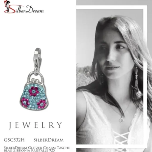 SilberDream Glitzer Charm Tasche blau Zirkonia Kristalle 925 GSC532H