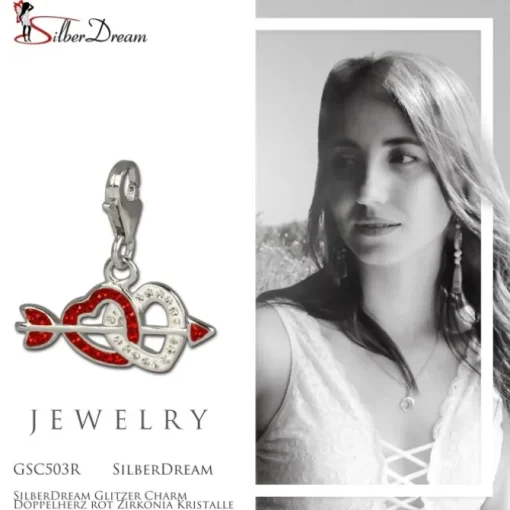 SilberDream Glitzer Charm Doppelherz rot Zirkonia Kristalle GSC503R