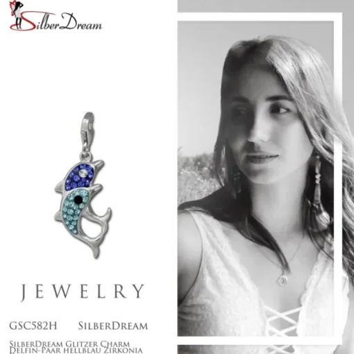SilberDream Glitzer Charm Delfin-Paar hellblau Zirkonia Kristalle GSC582H