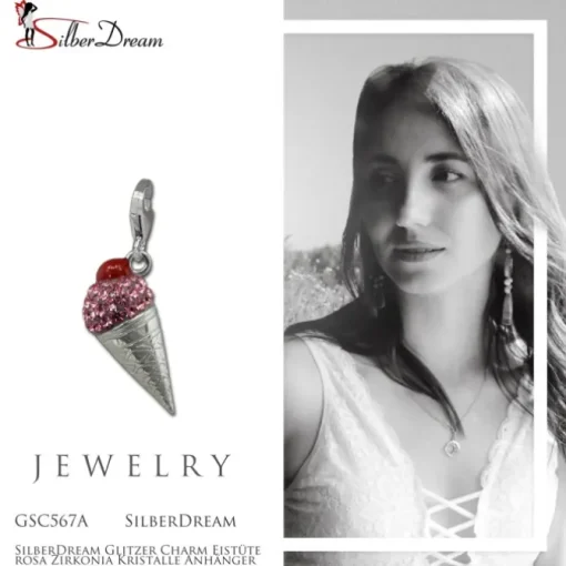 SilberDream Glitzer Charm Eistüte rosa Zirkonia Kristalle Anhänger GSC567A