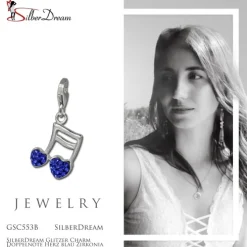 SilberDream Glitzer Charm Doppelnote Herz blau Zirkonia Kristalle GSC553B
